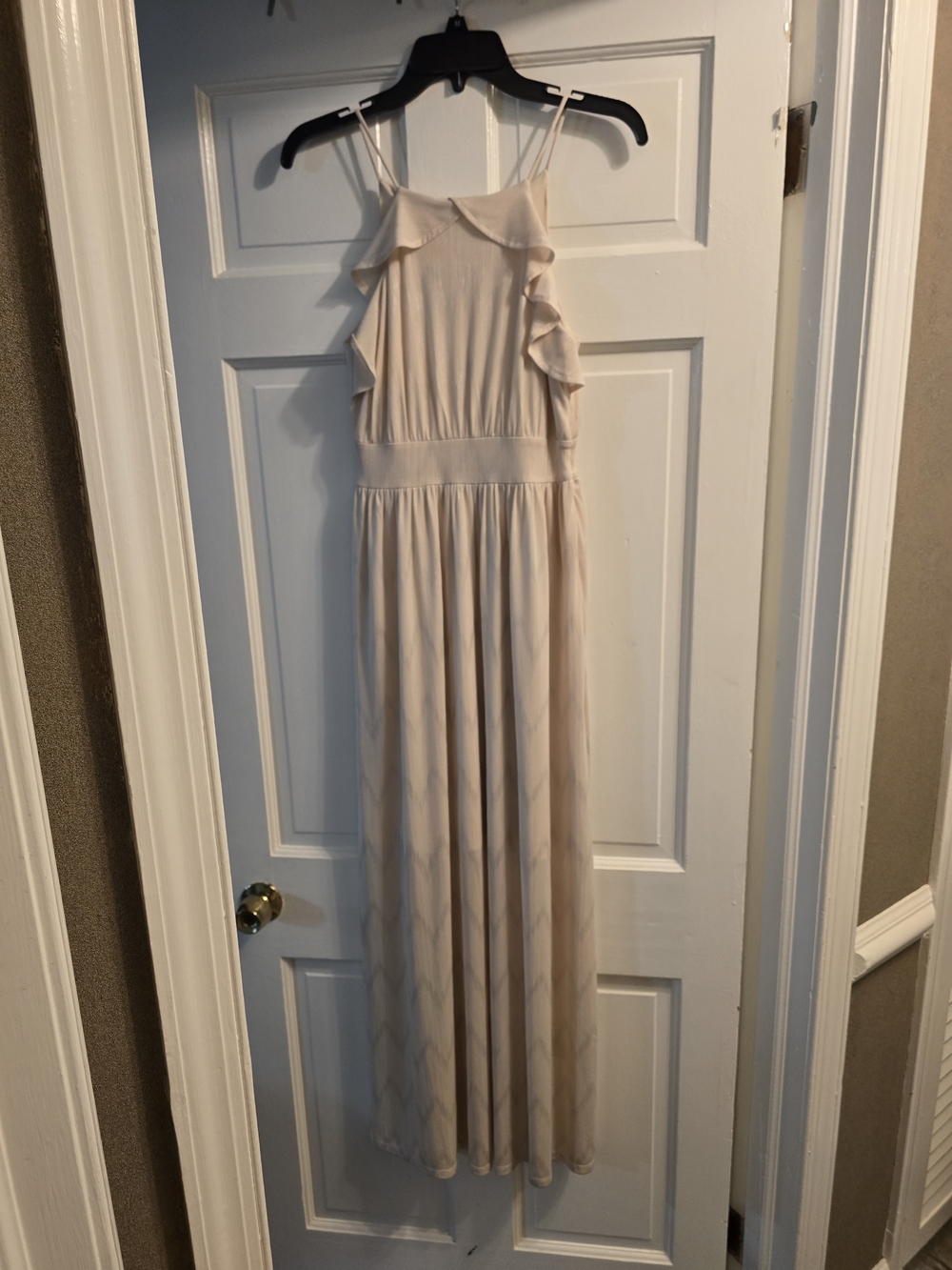 ​Altar'd State Metallic Chevron Shimmer Maxi Dress - Halter Ruffle Neck